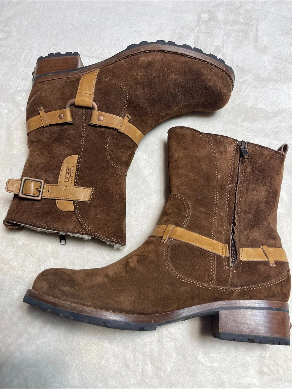 UGG Endell Brown Suede Harness Biker Booties with Tan Strap Accents Size 8.5